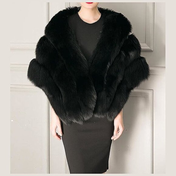 Women's Luxury Party Faux Fox Fur Long Shawl , A-dark Green - Picture 4 of 6